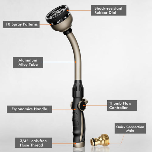 RESTMO Watering Lance Heavy Duty, Metal Spray Lance 10 Spray Patterns, 42cm Long Garden & Lawn Sprayer Gun with Thumb Flow Control, Perfect Hose Wand to Water Hanging Baskets and Shrubs