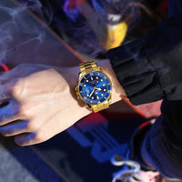 Men's Automatic Watch Big Stainless Steel Case Date Display Blue/Gold