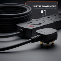Wolf Power Extension Lead, 4 Gang, 2 Metre Extension Cable with UK 3 Pin Plug & Socket, Wall Mountable Power Strip for Home, Office & Appliances (Black, 2 Pack)