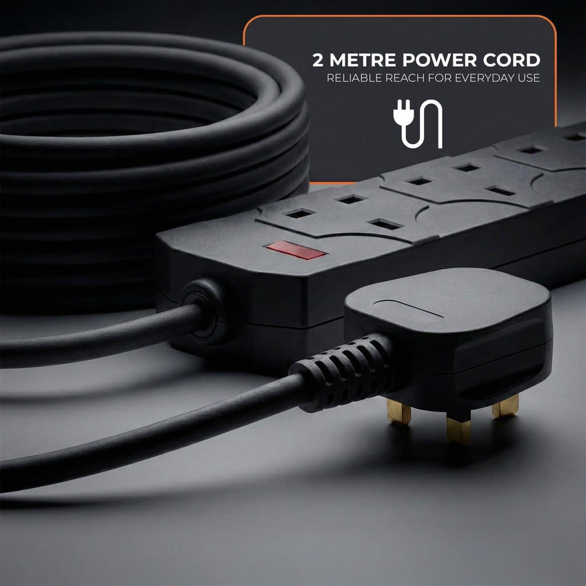 Wolf Power Extension Lead, 4 Gang, 2 Metre Extension Cable with UK 3 Pin Plug & Socket, Wall Mountable Power Strip for Home, Office & Appliances (Black, 2 Pack)