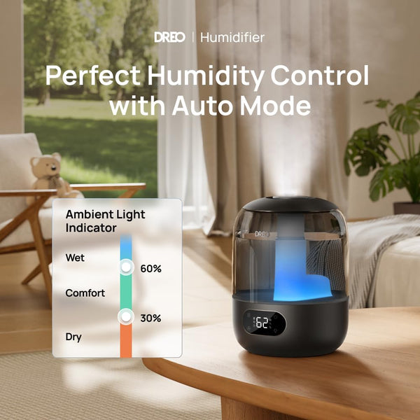 DREO 3L Humidifiers for Bedroom, 30H Runtime, 26 dB Quiet, Black | Easy to Refill & Clean, Precise Humidity Control, Night light, 360Â° Nozzle, Cool Mist Air Humidifier for Large Room, Baby