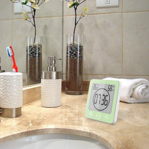 ALLOMN Bathroom Clock, LCD Digital Shower Clock Alarm Waterproof Touch Control Ã¢âÆ/Ã¢ââ° Temperature Humidity, Count Down Timer, 3 Mounting Methods, Battery Power (Green)