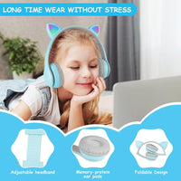 AXFEE Bluetooth Kids Headphones, LED Light Up Cat Ear Wired/Wireless Headphone, HD Stereo Sound, Foldable Children Headphone for PC Phone Ipad Study Travel School, Suitable for Girls Boys Gift (Blue)