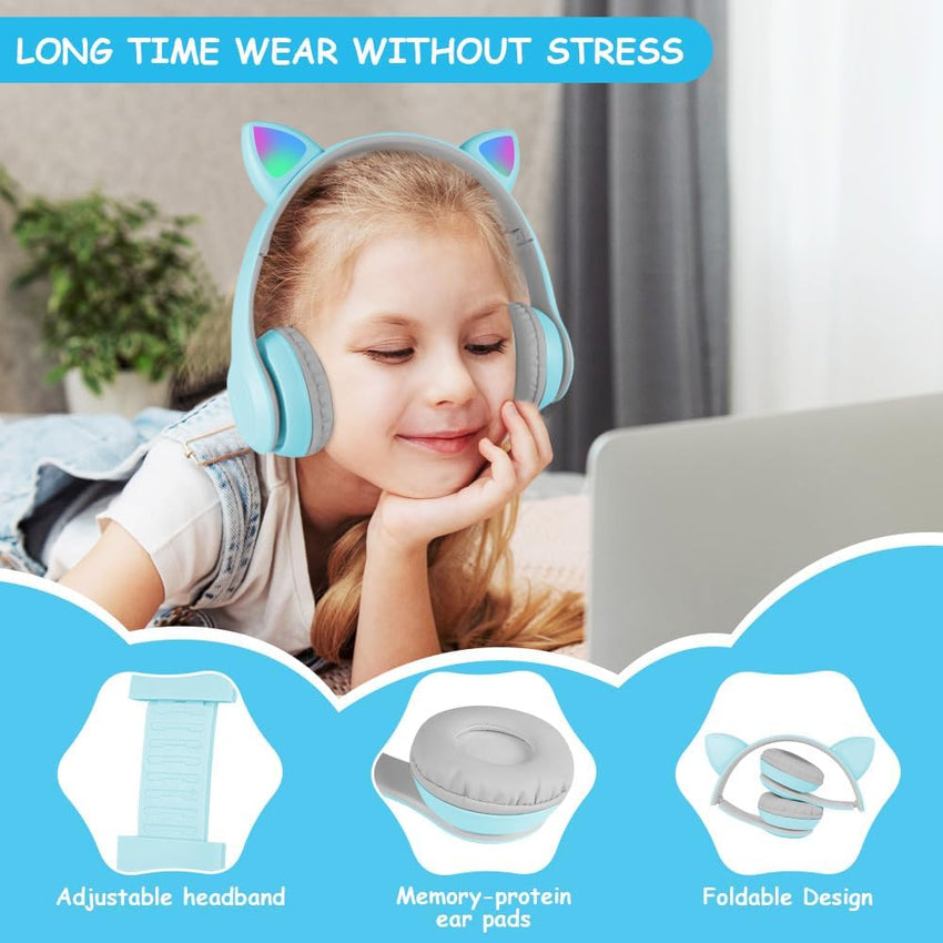 AXFEE Bluetooth Kids Headphones, LED Light Up Cat Ear Wired/Wireless Headphone, HD Stereo Sound, Foldable Children Headphone for PC Phone Ipad Study Travel School, Suitable for Girls Boys Gift (Blue)