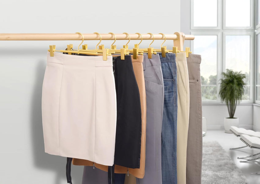 Amber Home 31cm Premium Matte Gold Aluminum Trousers Hangers 20pcs, Extra Smooth & Durable Metal Skirt Pants Hanger, Light & Sturdy Metal Rack for Bottoms with Non-slip Clips and Swivel Hook