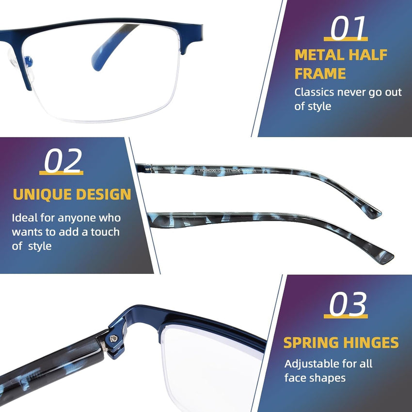 FONHCOO Reading Glasses for Women Men, Blue Light Blocking Reading Glasses Metal Half Frame Computer Readers Anti UV/Glare/Eyestrain (Purple Blue Grey 3.0)