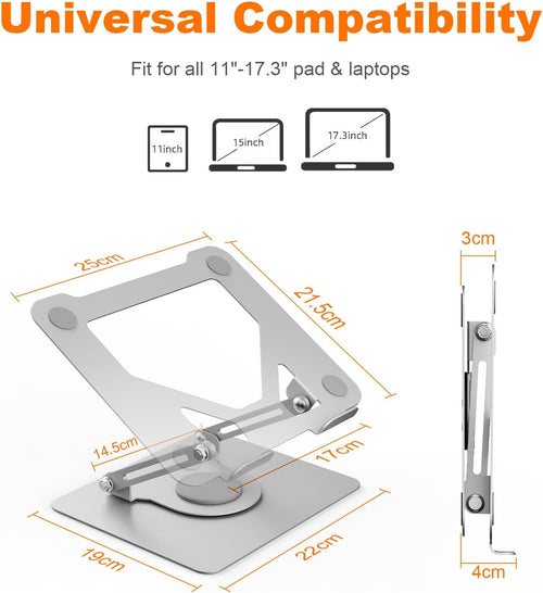 GRIFEMA Laptop Stand for Desk, Foldable Laptop Riser with 360^0 Swivel Base, Adjustable Height & Angle, Ventilated Computer Stand Compatible with MacBook Air/Pro, Dell, and 11-17" Laptops - Silver