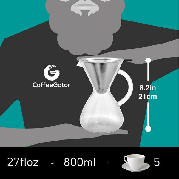 Coffee Gator Pour Over Coffee Maker Stainless Steel Filter & Glass Dripper - Paperless Hand-Drip Brewer - Eco Friendly - Kitchen & Housewarming Gifts - 800ml