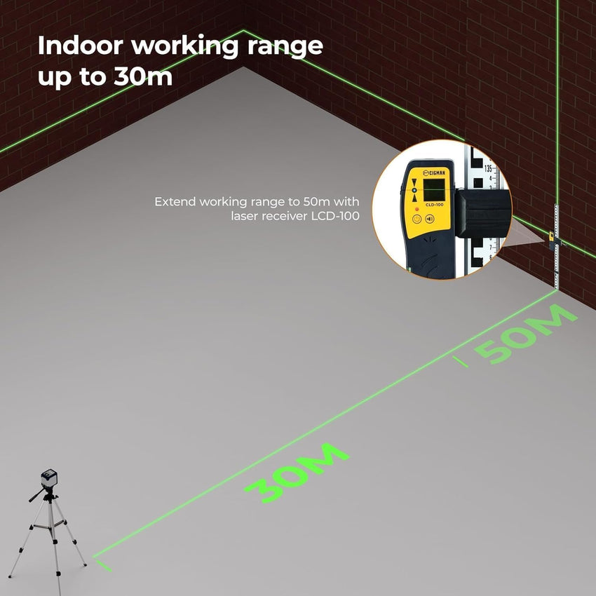 CIGMAN Green Laser Level, Self-leveling Cross Line Laser, 30M Working Distance (Up to 50M with Detector), Rechargeable Battery Built-in, Button Control Laser