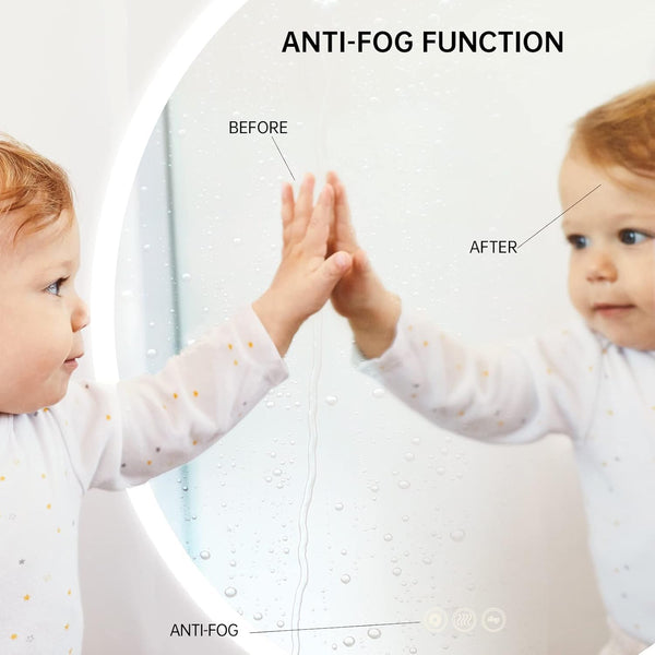 AI-LIGHTING 60cm Round Mirror with Lights Bathroom LED Circular Mirror Illuminated Anti-Fog Backlit Light Up Circle Mirror Touch Switch Color Change Demister IP44 Dimmable