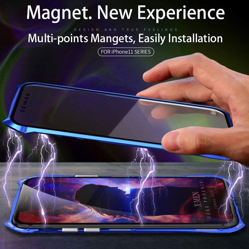 Case for iPhone 11 Pro Magnetic Adsorption Technology Cover Batman style design 9H Front and Back Tempered Glass 360Â° Full Body Shockproof Ultra Thin Metal Bumper - Silver