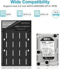 RSHTECH Hard Drive Enclosure, External USB 3.0 to SATA HDD Caddy Portable Disk Case for 2.5 3.5 inch SATA I/II/III HDD SSD, Support UASP & 16TB Drives (Black)