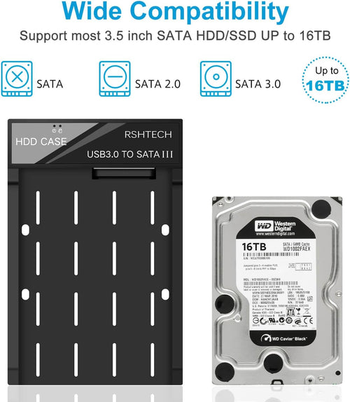RSHTECH Hard Drive Enclosure, External USB 3.0 to SATA HDD Caddy Portable Disk Case for 2.5 3.5 inch SATA I/II/III HDD SSD, Support UASP & 16TB Drives (Black)