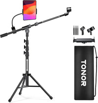 TONOR Microphone Stand with Tablet Holder, Tripod Boom Arm for Floor, Adjustable Height and Angle, Heavy Duty Stand with Carrying Bag, Phone and iPad Clamp, Compatible with Blue Yeti, T35