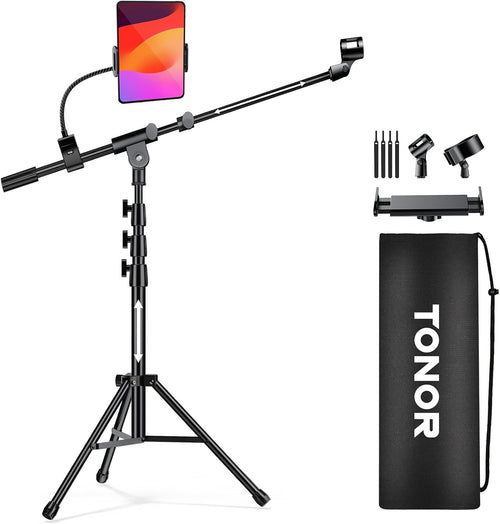 TONOR Microphone Stand with Tablet Holder, Tripod Boom Arm for Floor, Adjustable Height and Angle, Heavy Duty Stand with Carrying Bag, Phone and iPad Clamp, Compatible with Blue Yeti, T35