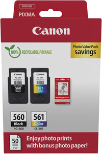 Canon Ink & Paper Multipack - PG-560/CL-561 Genuine Printer Ink Cartridges 2 Pack (1 x Black, 1 x Colour) & 4x6 Photo Paper (50 x Sheets)