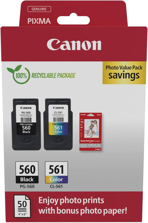 Canon Ink & Paper Multipack - PG-560/CL-561 Genuine Printer Ink Cartridges 2 Pack (1 x Black, 1 x Colour) & 4x6 Photo Paper (50 x Sheets)