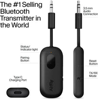 Twelve South AirFly Pro Bluetooth 5.0 Transmitter/Receiver for TV/Airplane to 2 Wireless Headphones - Wireless Adapter for AirPods, Airplane, Car, Gym, Home, Use With Any 3.5 mm Audio Jack, Black