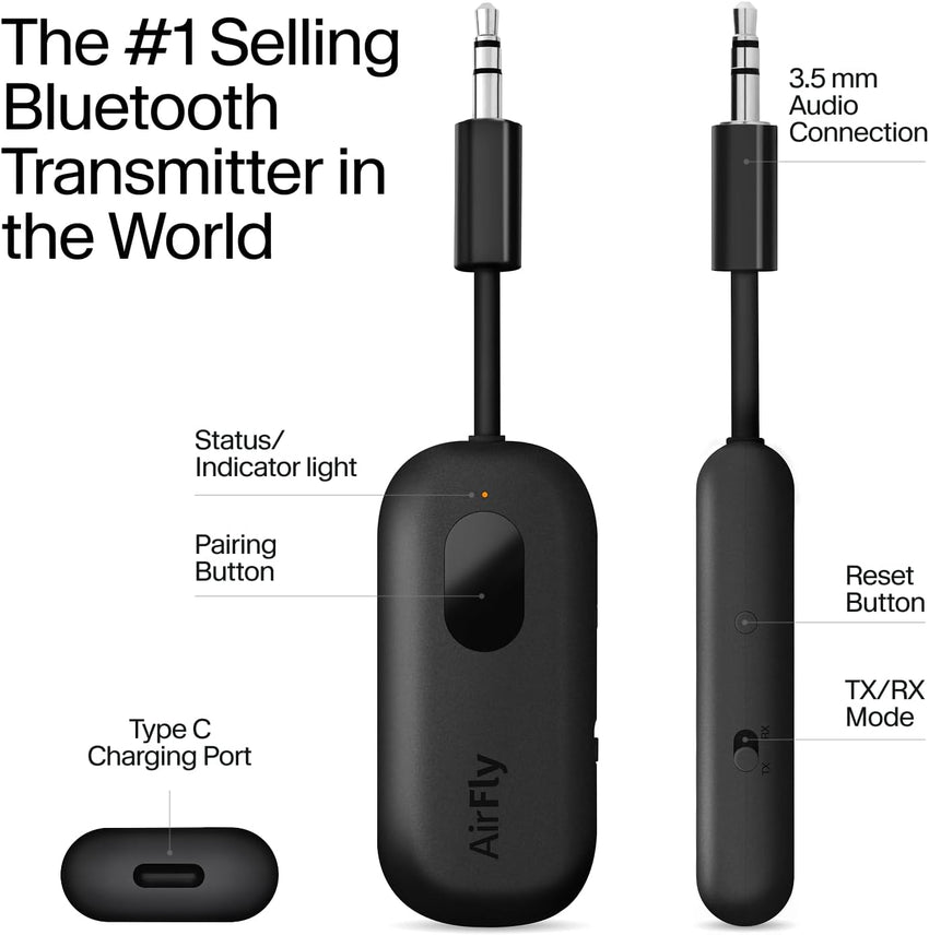 Twelve South AirFly Pro Bluetooth 5.0 Transmitter/Receiver for TV/Airplane to 2 Wireless Headphones - Wireless Adapter for AirPods, Airplane, Car, Gym, Home, Use With Any 3.5 mm Audio Jack, Black