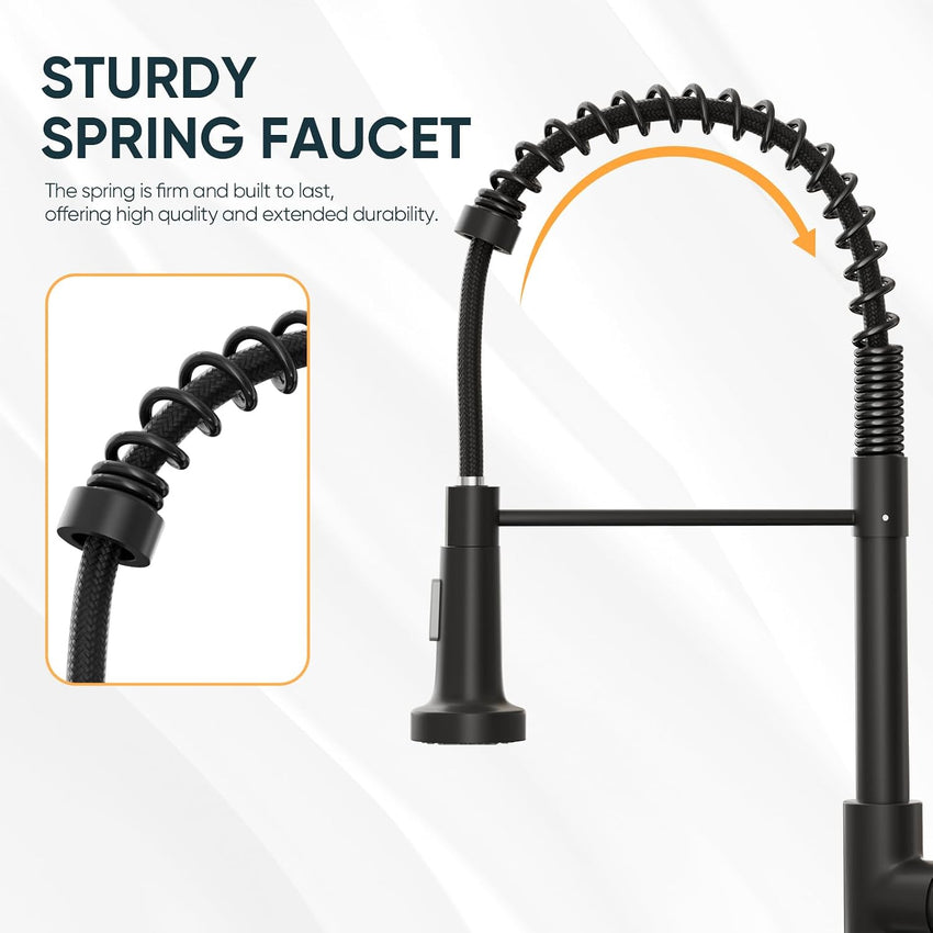 BESy Matte Black Kitchen Sink Tap, 2 Function Kitchen Sink Mixer Taps with Pull Out Spray, Brass High-Arc 360ÃÂ° Swivel Single Handle Spring Rv Kitchen Taps