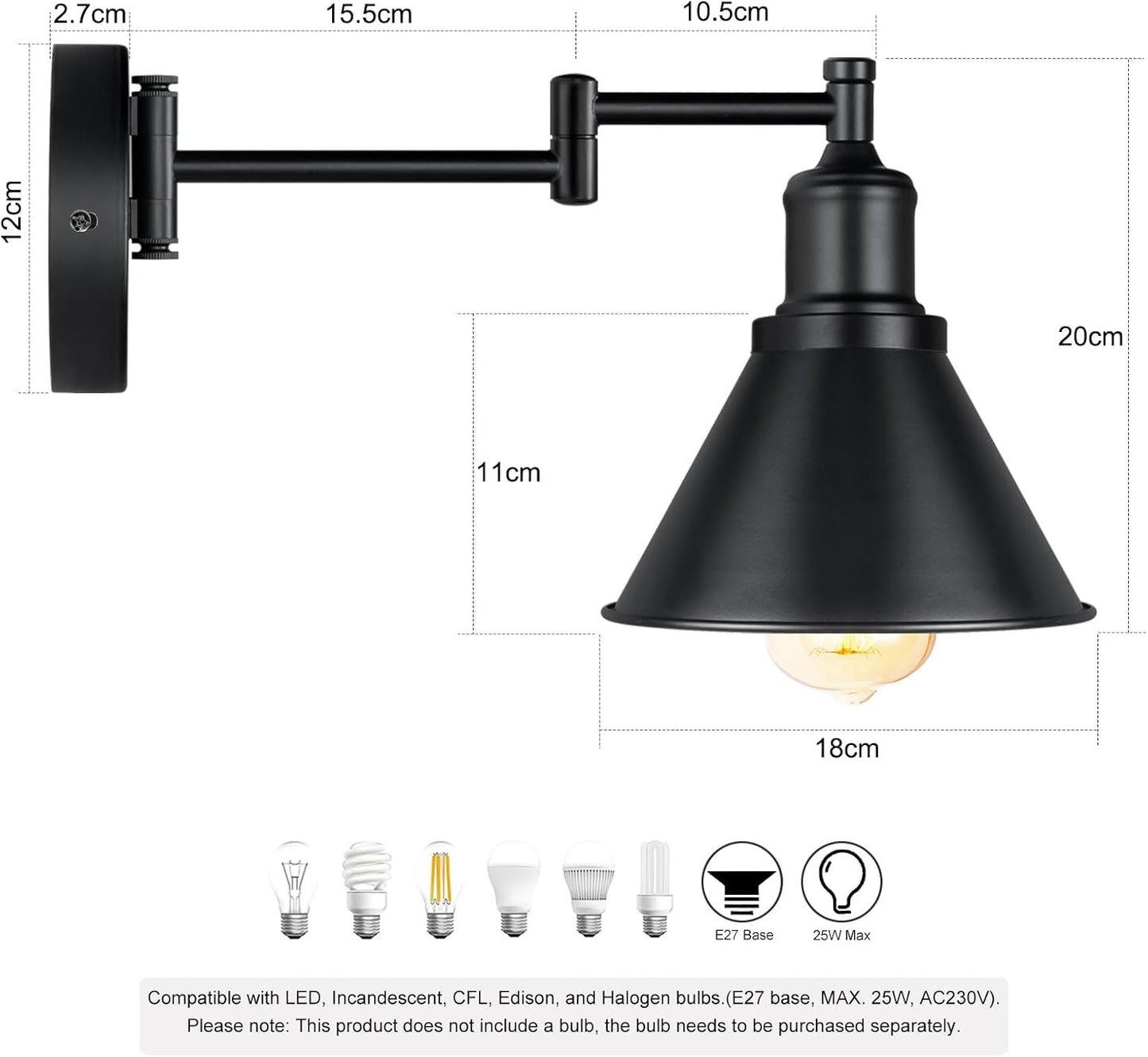 IC INSTANT COACH Industrial Wall Sconce Swing Arm Wall Lights, Black, Adjustable Wall Light, Wall Mounted Lamp Wall Sconce, 1 Light