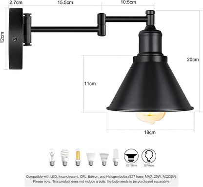 IC INSTANT COACH Industrial Wall Sconce Swing Arm Wall Lights, Black, Adjustable Wall Light, Wall Mounted Lamp Wall Sconce, 1 Light