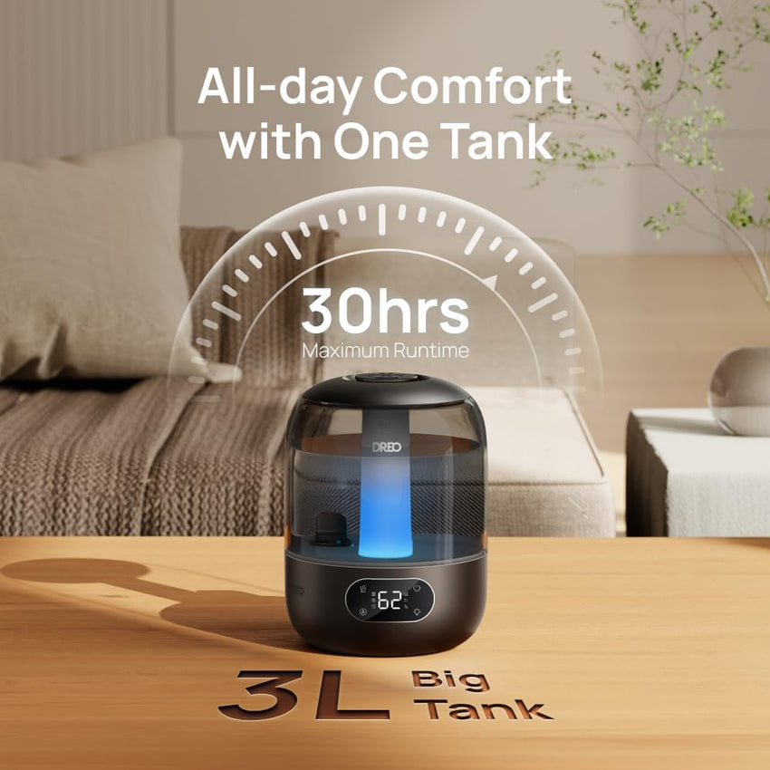 DREO 3L Humidifiers for Bedroom, 30H Runtime, 26 dB Quiet, Black | Easy to Refill & Clean, Precise Humidity Control, Night light, 360Â° Nozzle, Cool Mist Air Humidifier for Large Room, Baby