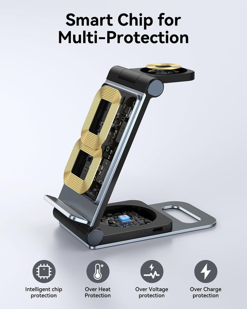 Wireless Charging Station 3 in 1 Foldable Wireless Charger Stand, Travel Charger for iPhone 16 15 14 13 12 11 Pro Max XR XS, for Apple Watch 10 9 8 7 6 5 4 3 2 SE, for AirPods 3 2 Pro Dark Black Grey