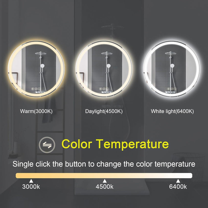 AI-LIGHTING 40cm Round LED Mirror Bathroom Circular Mirror with Lights Illuminated Anti-Fog Backlit Light Up Circle Mirror Touch Switch Color Change Demister IP44 Dimmable