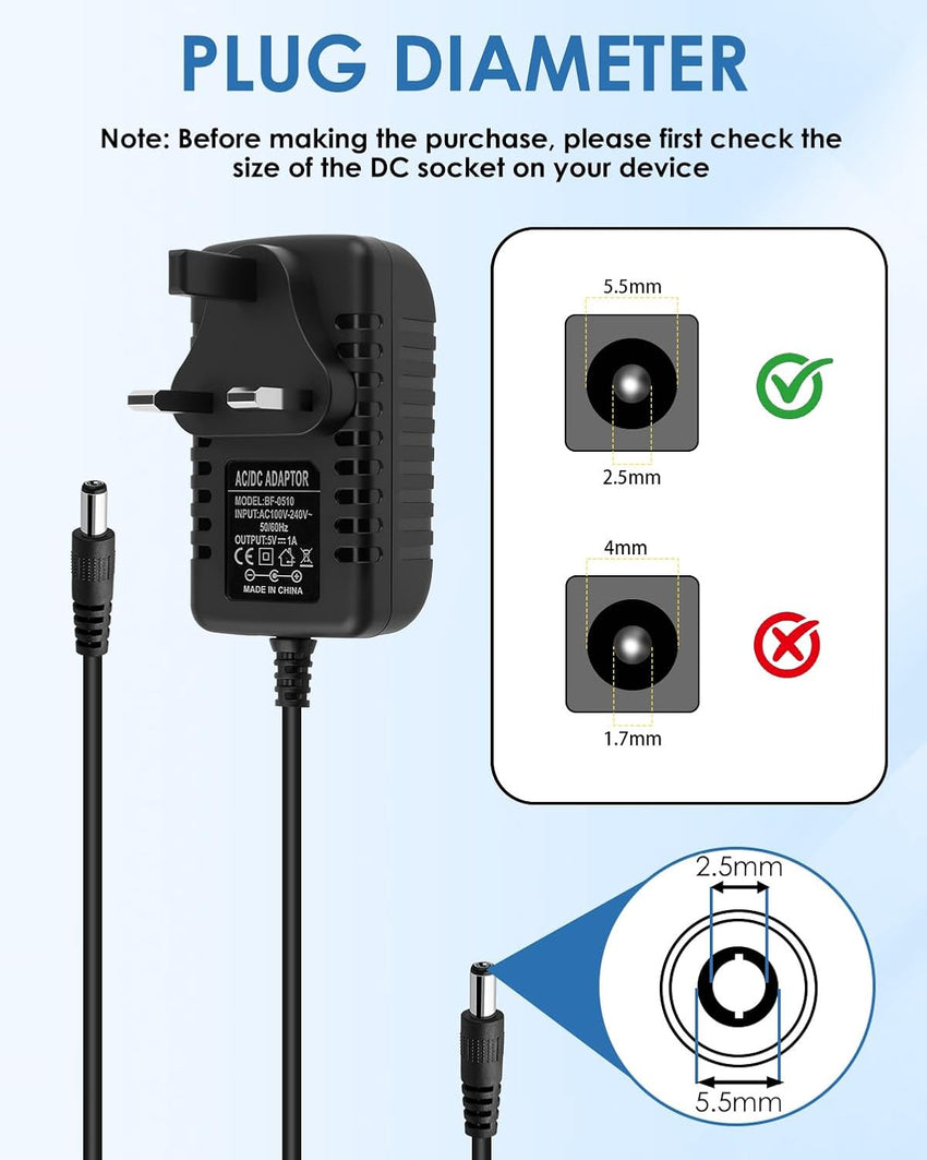 5V 1A Charger, AC Adapter 100-240V 50 60Hz to DC Switching Adaptor for LED Strip Light CCTV Router Speakers, Universal 5V DC Power Supply Wall Charger with 5.5x2.5mm Plug (5W)