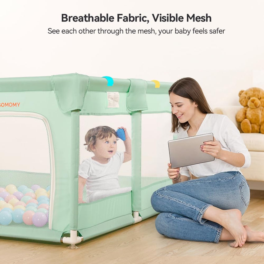 COMOMY Playpens for Babies and Toddlers, 200 x 160 cm Baby Playard Extra Large, Safe and Non-Slip Baby Fence, Full Mesh Design, Indoor & Outdoor Kids Activity Center, Baby Play Pens (Beige)