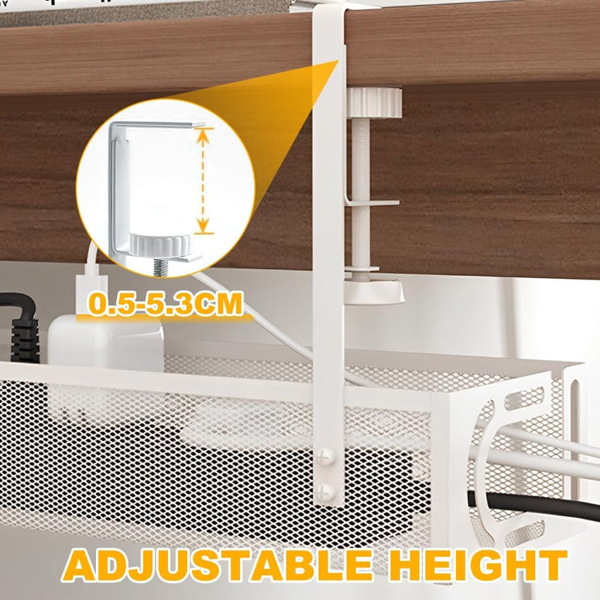 Rppiup Under Desk Cable Management Tray, No Drill Steel Cable Management Under Desk tray, Hollow Sturdy Metal Mesh Table Wire Organiser No Damage to Table, for Office Home Kitchens