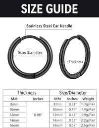 Mens Small Hoop Earrings Stainless Steel Minimal 12mm Black