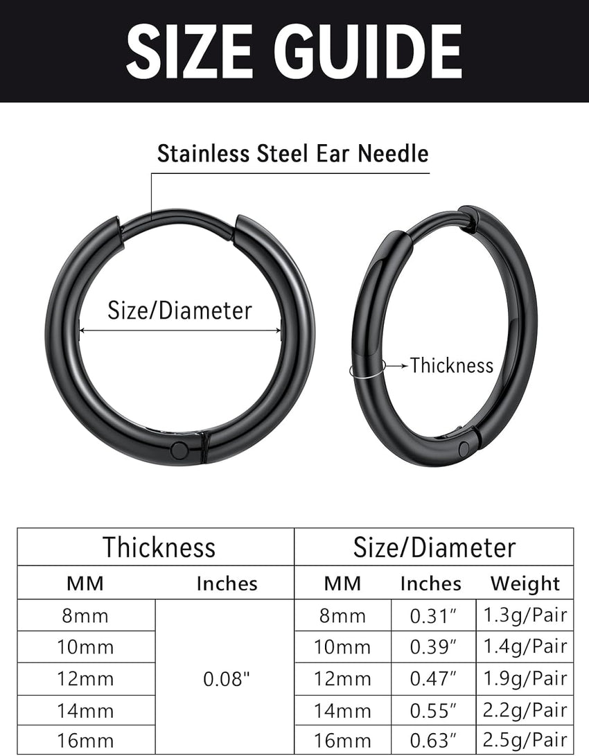 Mens Small Hoop Earrings Stainless Steel Minimal 12mm Black