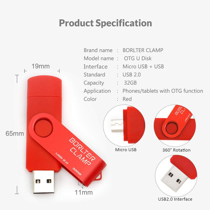 32GB OTG Memory Stick Dual USB Flash Drive, Thumb Drive with Micro USB Drive Port for Android Smartphone Tablet & Computer (Red)