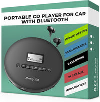 MangoKit CD-X Portable CD Player for Car, Bluetooth Out 5.3, MP3 Playback, Headphones-Personal CD Player with Anti-Skip, Rechargeable Battery-Compact Disc Player for Travel, Home, Language Learning