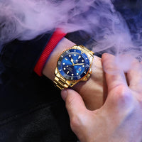 Men's Automatic Watch Big Stainless Steel Case Date Display Blue/Gold