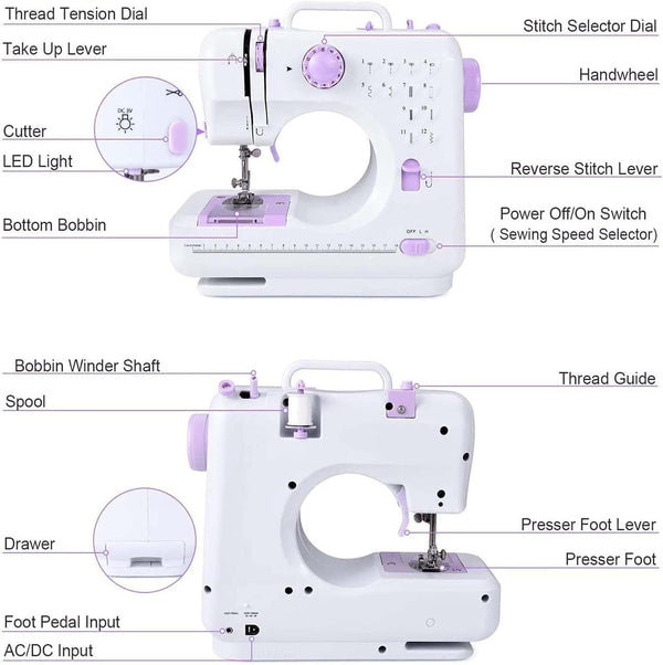Sewing Machine 12 Stitches 2 Speeds Double Thread White