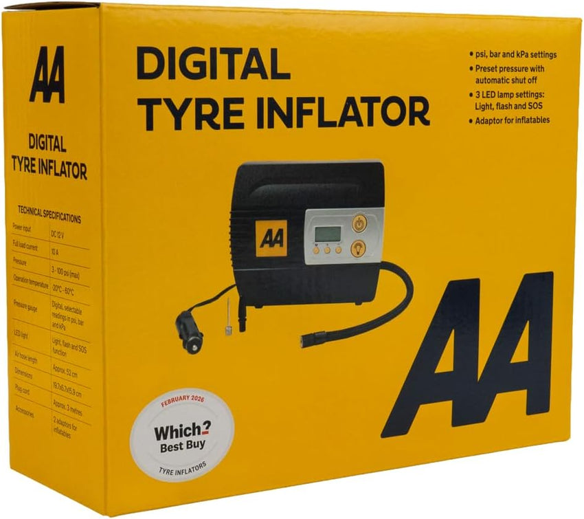 AA 12V Digital Tyre Inflator AA5502 - For Cars Other Vehicles Inflatables Bicycles - Shows PSI BAR KPA 3-100 PSI - Includes Adaptors, Black