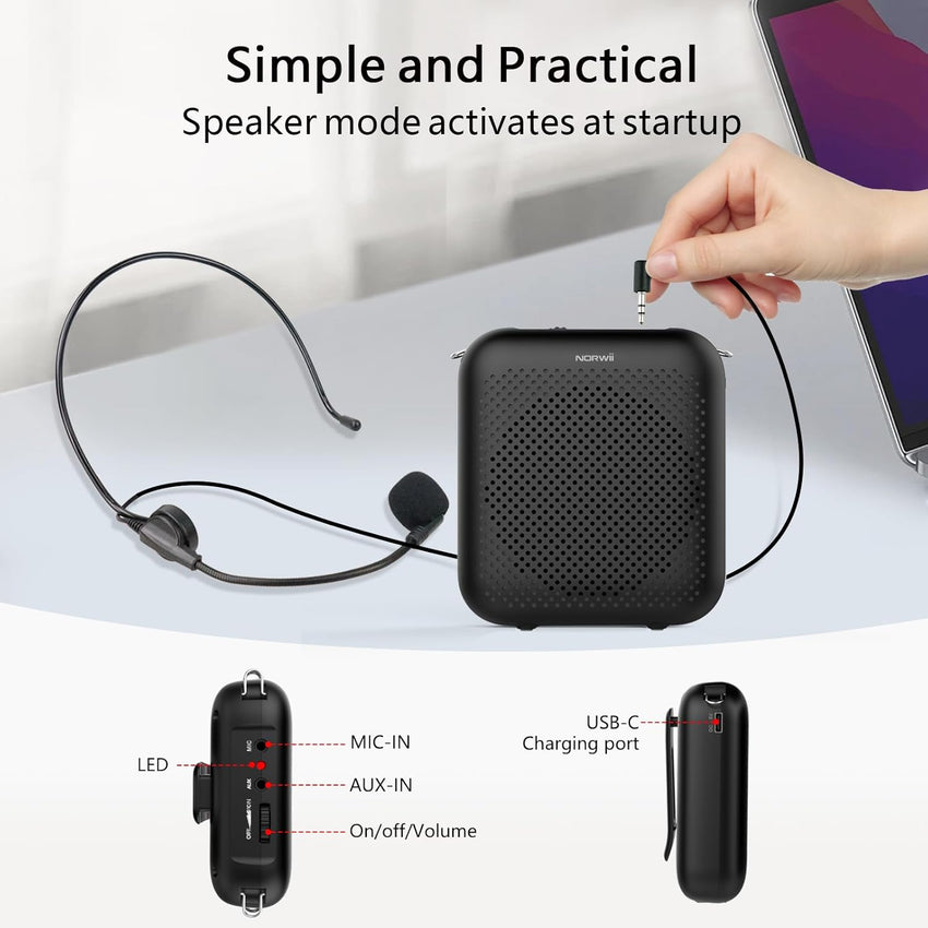 NORWII S358 Portable 4000mAh Rechargeable Voice Amplifier with Wired Microphone Headset & Waistband, Personal Microphone and Speaker for Teachers Tour Guides ect. (Black)