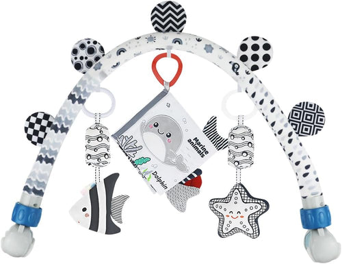 Baby Activity Arch Bassinet Toy, Black and White Travel Mobile Toy Bar with Rattle and Book, Strolle,Pram and Cot Attachment with Hanging Toys (Ocean)