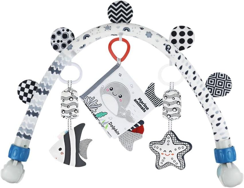 Baby Activity Arch Bassinet Toy, Black and White Travel Mobile Toy Bar with Rattle and Book, Strolle,Pram and Cot Attachment with Hanging Toys (Ocean)