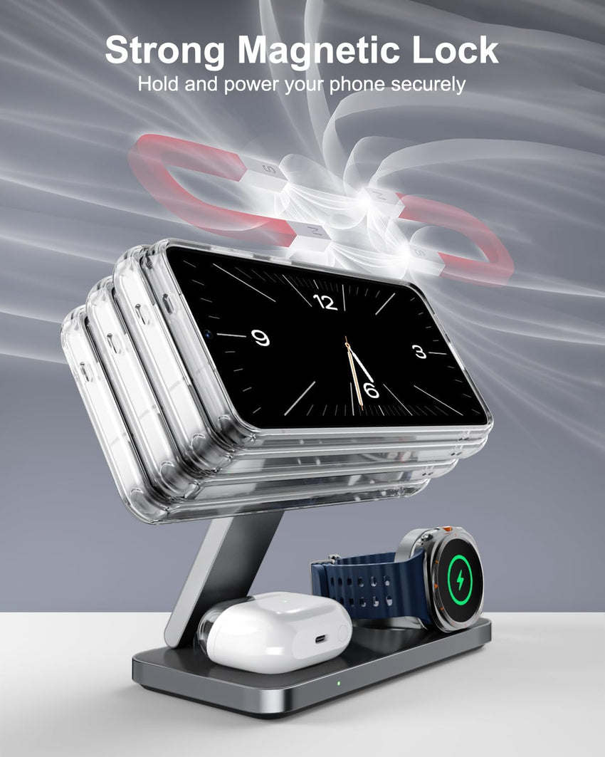 3-in-1 Magnetic Wireless Charger Qi2 25W MagSafe-Compatible for Samsung & iPhone Black