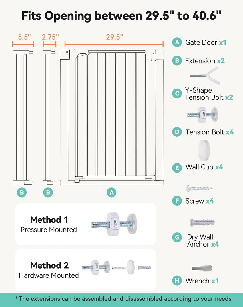 COMOMY 91.5cm Extra Tall Baby Gate for Stairs Doorways, Fits Openings 75-103cm Wide, Auto Close Sturdy Safety Dog Gate for House, Pressure Fit Easy Walk Through Pet Gate with Door, White