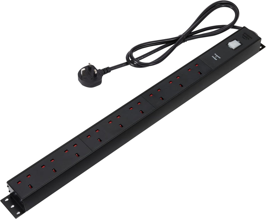 Amazon Basics Heavy-Duty Metal Surge Protector Power Strip, 9 Outlets (UK Plug), 600 J, 1.8 m Cord, Black, Rectangle