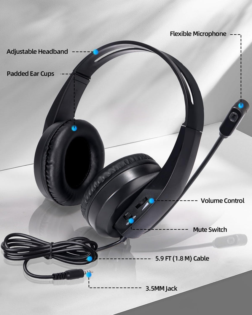 Grstltd Wired Headset with Mic for Laptop - Computer Headset for Kids Teens Adults with Noise Canceling Microphone & Volume Control - 3.5mm Stereo Headphones with Mute for Home Office Class