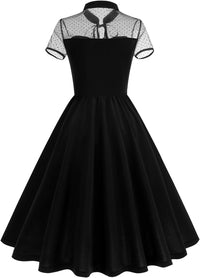 Vintage Gothic Cocktail Dress Keyhole Collar Mesh Short Sleeve Swing