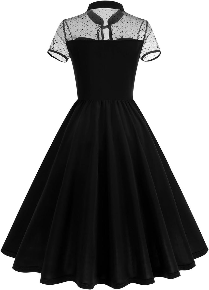 Vintage Gothic Cocktail Dress Keyhole Collar Mesh Short Sleeve Swing