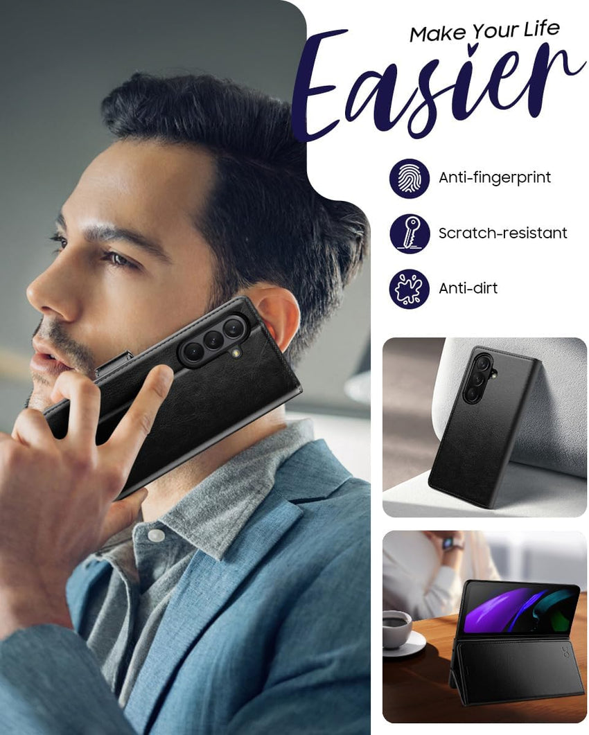 Samsung Galaxy Z Fold 7 Wallet Case PU Leather Flip Folio Cover Black