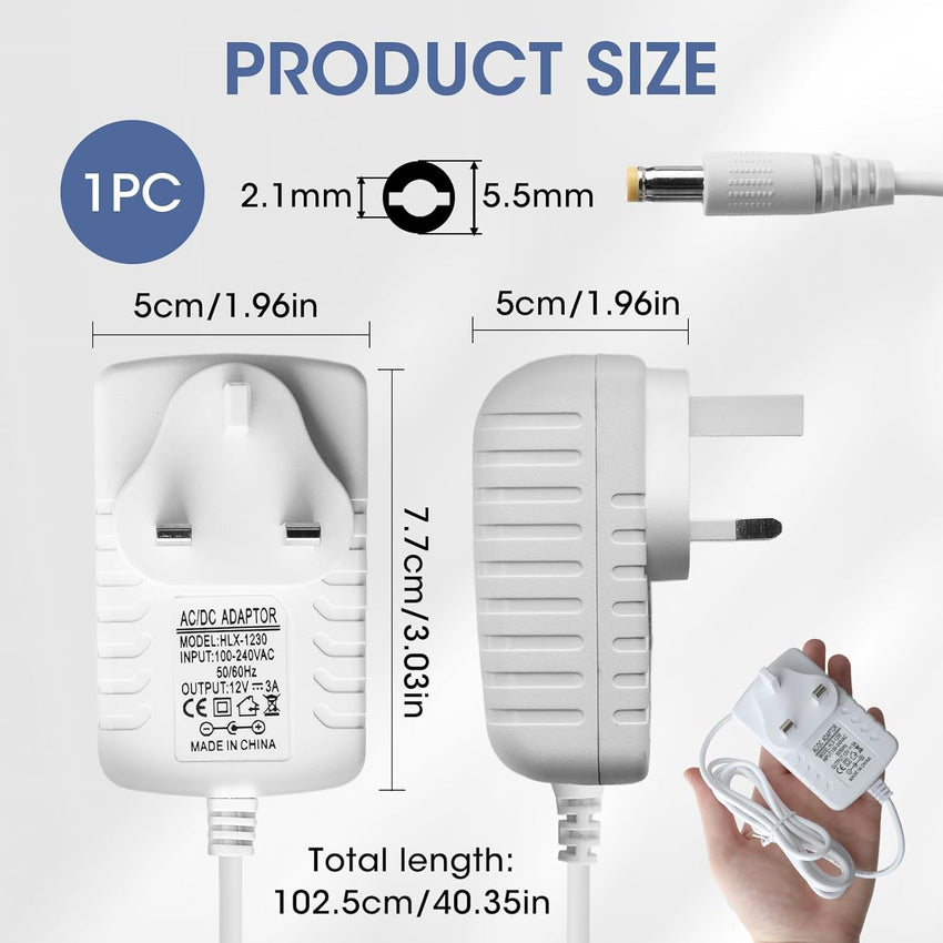 12V 3A 36W Power Supply Cable Adapter, AC 100-240V 50-60HZ DC Port 5.5 * 2.1mm Charger Plug for CCTV Security Camera, LED Strip Lights, LCD Monitor, Audio/Video, Router, Mobile DVD, TV Box (White)